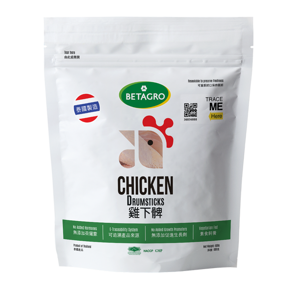 <transcy>BETAGRO Thailand
Frozen Hormone-Free Chicken Drumstick 600g (Frozen
-18℃)</transcy>